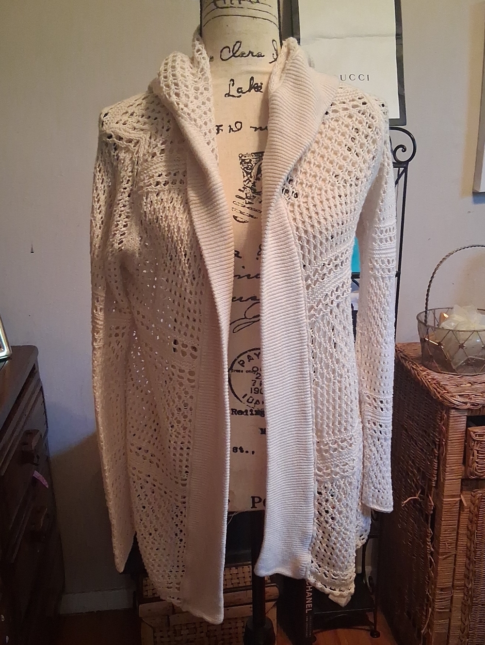 ROXY Open-Knit Cream Women's Hooded Cardigan Sweater Medium
